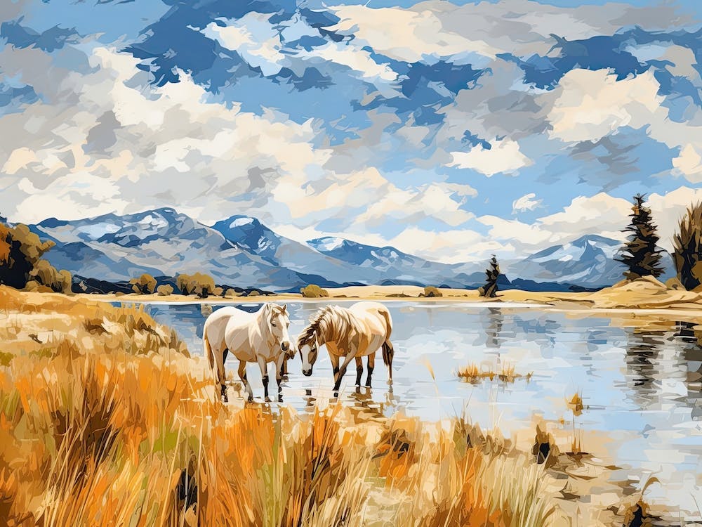 Horses Painting In Lake District, New Zealand, Landscape 2
