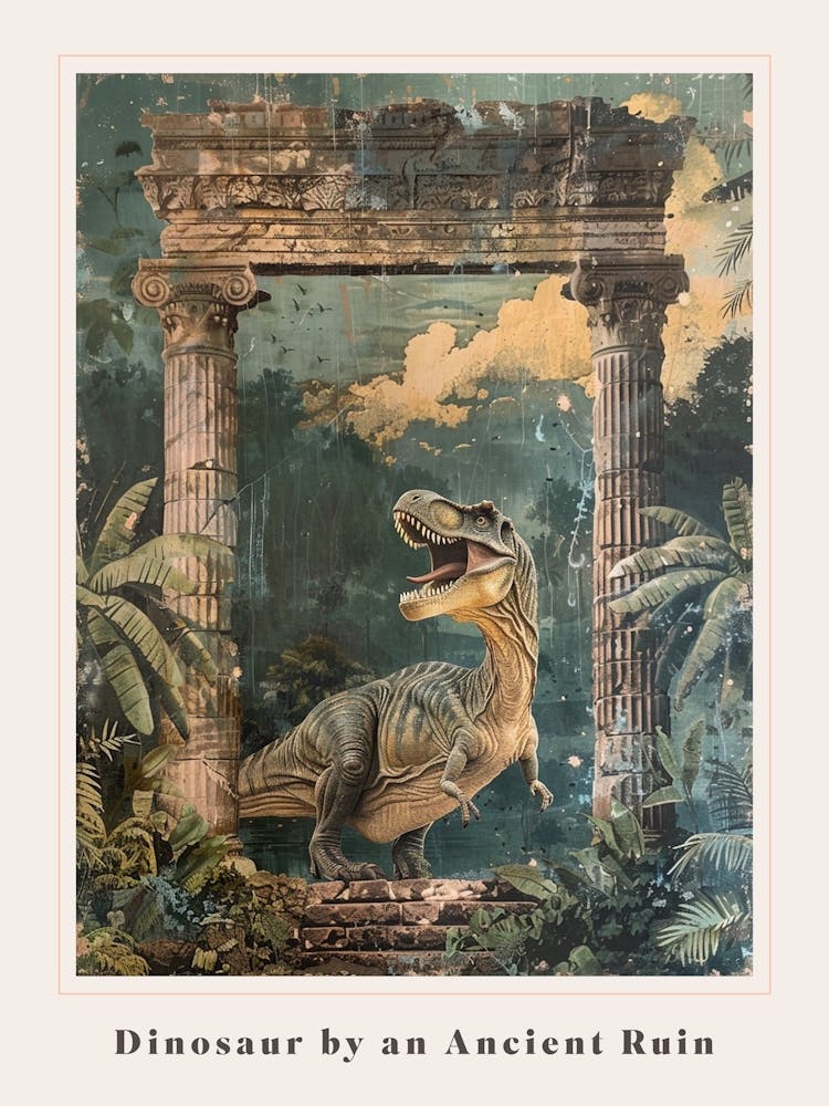 Dinosaur By An Ancient Ruin Painting 3 Poster