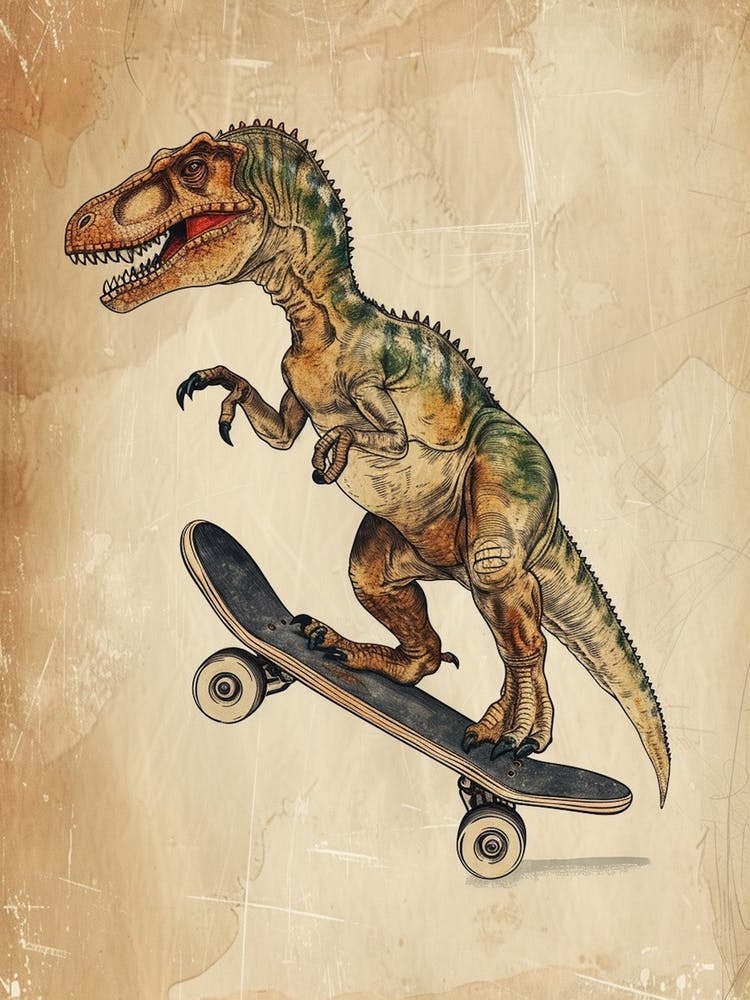 Vintage Oviraptor Dinosaur On A Skateboard 2