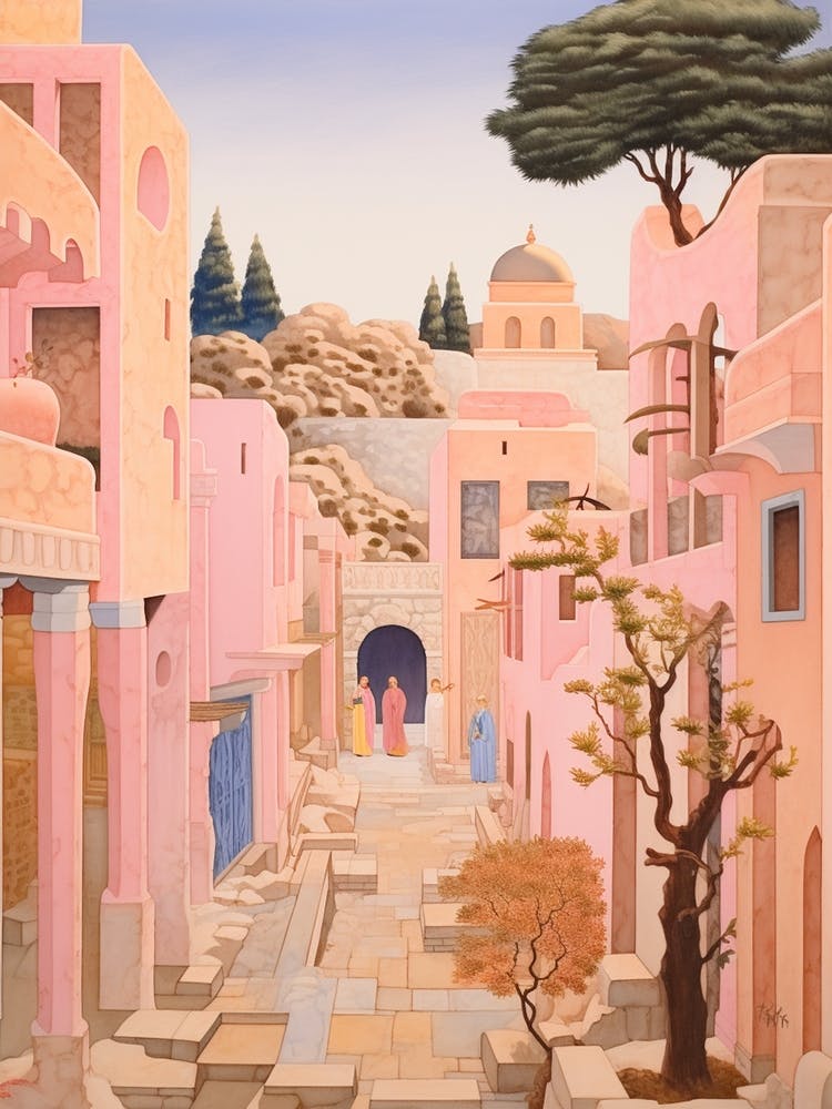 Paphos Cyprus 2 Vintage Pink Travel Illustration