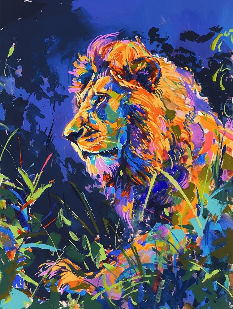 Southwest African Lion Night Hunt Fauvist Painting 2