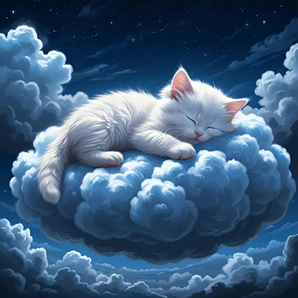 White Cat Sleeping On A Cloud