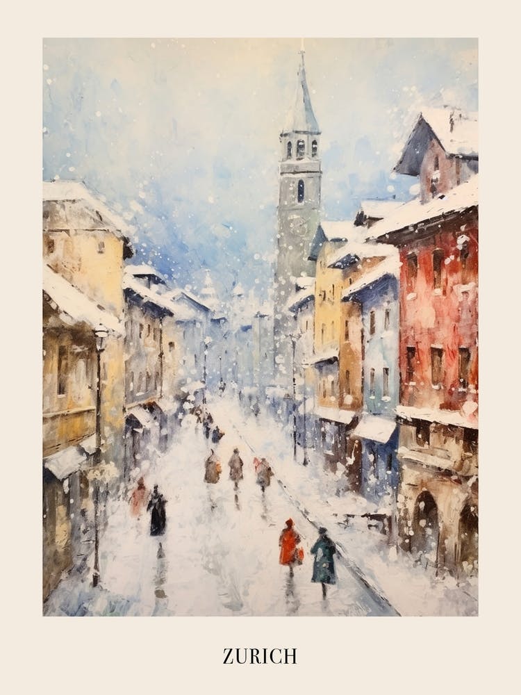 Vintage Winter Painting Poster Zurich Switzerland 2