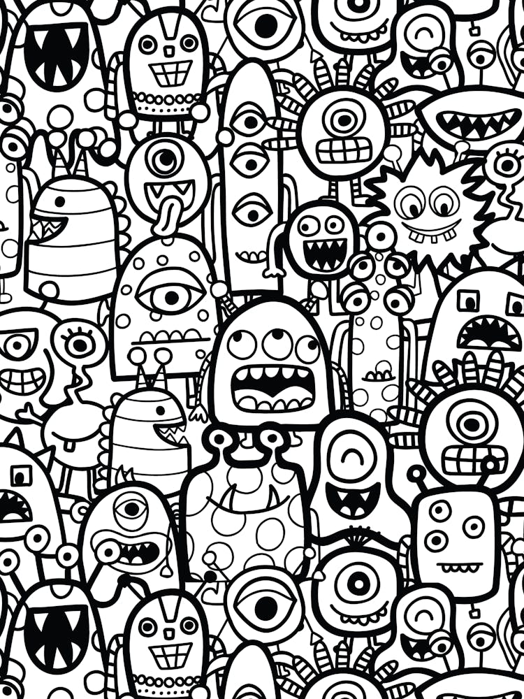 Cute Clusters of Monsters and Aliens Black and White Kids