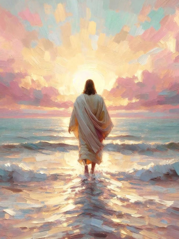 Sunset Walk, Digital Christian Art, Jesus Walking On Water, Jesus Painting, Lds Art, Bible Verse Art, Jesus Leaves The 99, Jesus Miracle Art