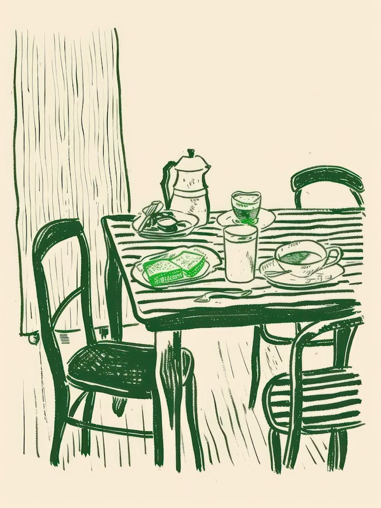 Breakfast In Bondi Beach Green Line Art Illustration