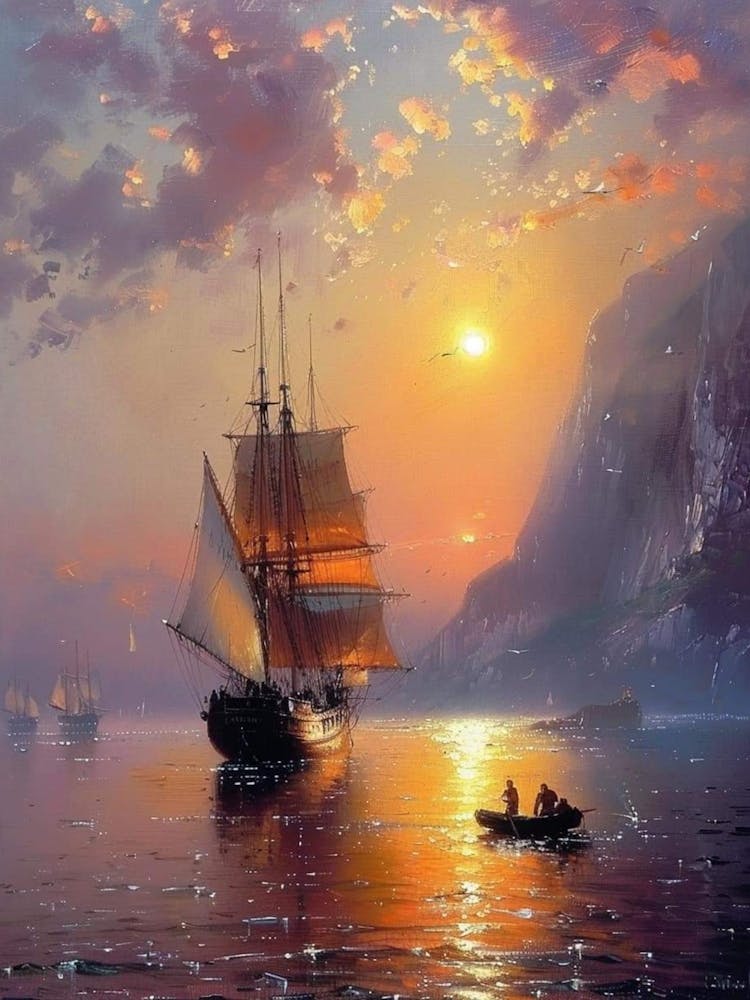 Morning Soul | Glorious Sunrise Boats on the Harbour | Paradise Beautiful Landscape Scenery Painting | Contemporary for Feature Wall | Vibrant Beautiful Wall Decor in HD