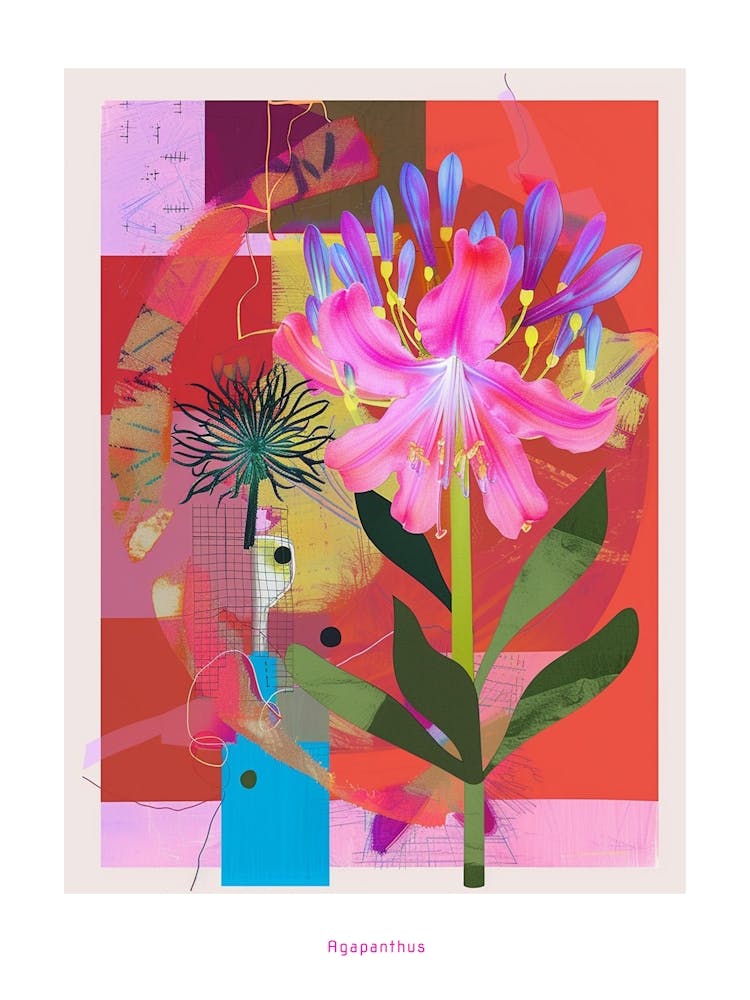 Agapanthus 2 Neonblumen-Collage-Poster