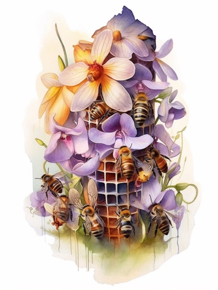 Beehive With Orchids Watercolour Illustration 4