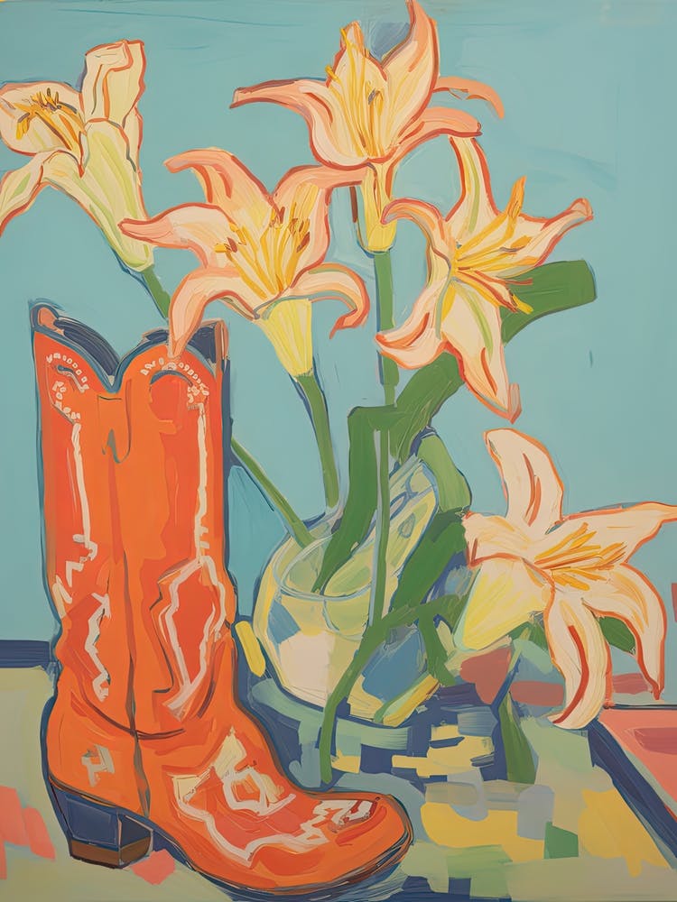 Painting Of Orange Flowers And Cowboy Boots, Oil Style 5