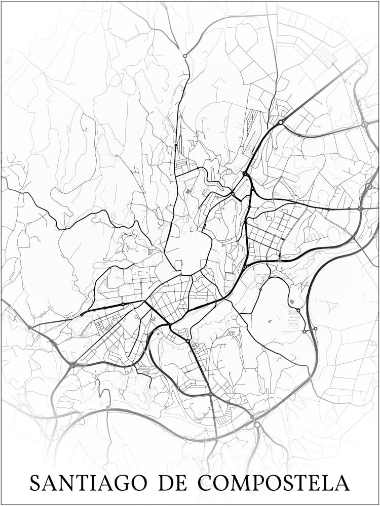 Santiago De Compostela, A Coruña, Spain, City Map, Black And White Fade Design