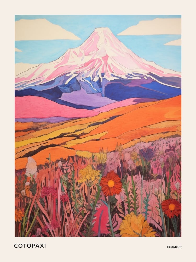 Cotopaxi Ecuador 1 Colourful Mountain Illustration Poster