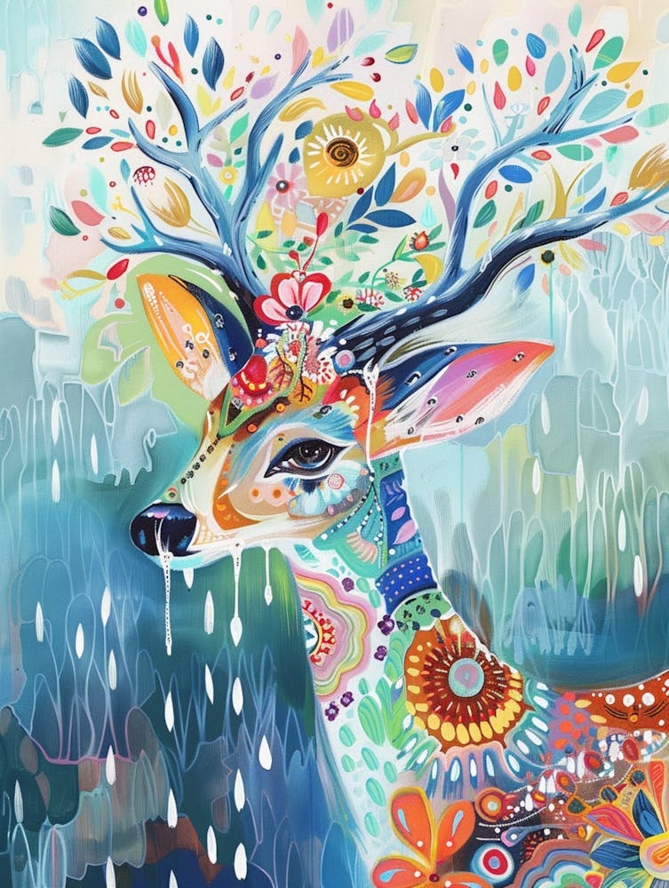 An Animal With Raindrops, The Head Of An Elegant Deer Adorned With Colorful Floral Patterns, Standing Against A Light Blue And Green Background, Surrounded By Water Droplets 3
