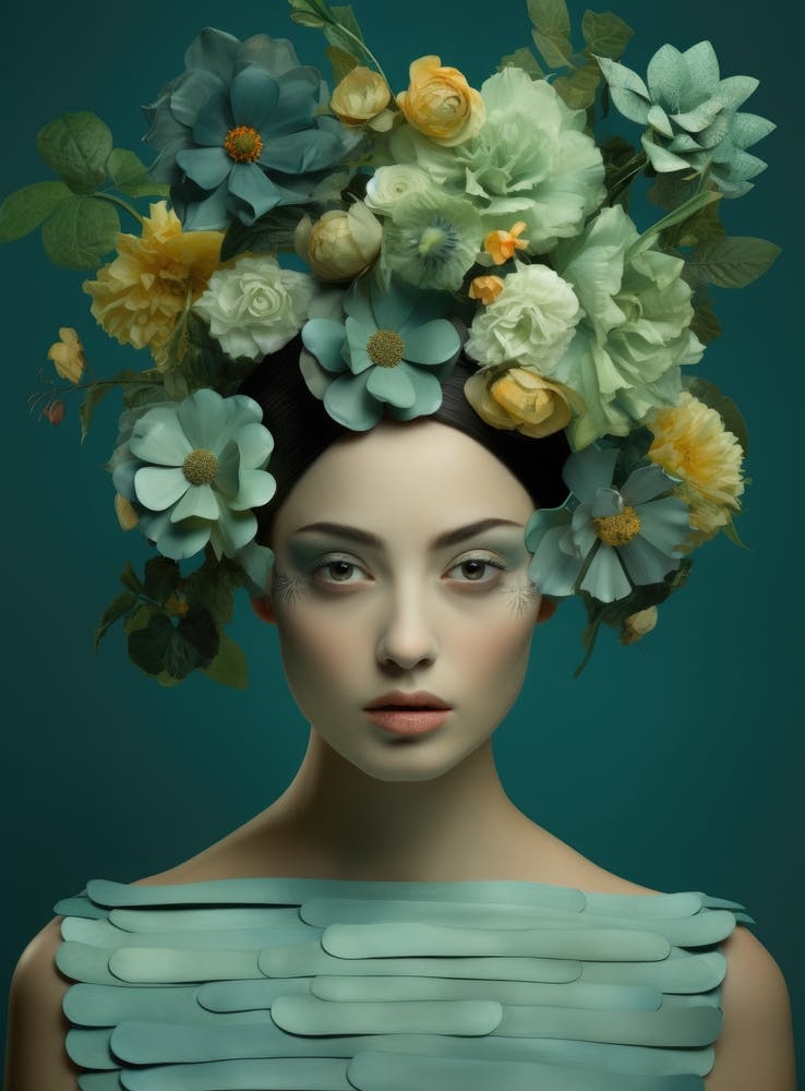 Schöne Frau mit Blumen auf dem Kopf