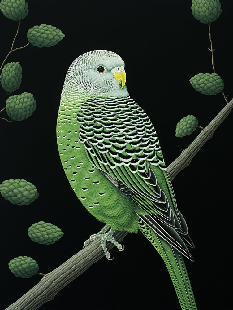 Ohara Koson Inspired Bird Painting Budgerigar 2
