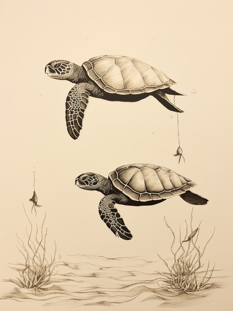 Vintage Sepia Sea Turtles Illustration
