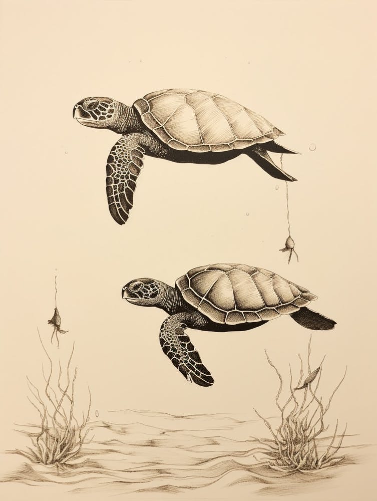 Vintage Sepia Sea Turtles Illustration