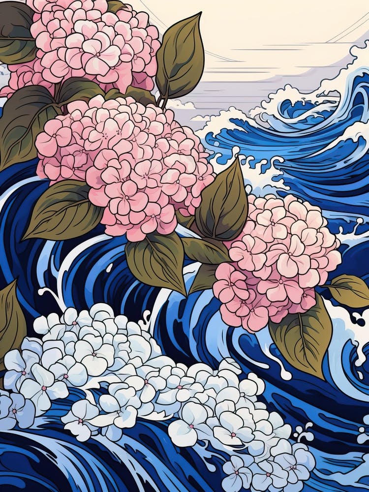 Great Wave With Hydrangea Flower Drawing In The Style Of Ukiyo E 3