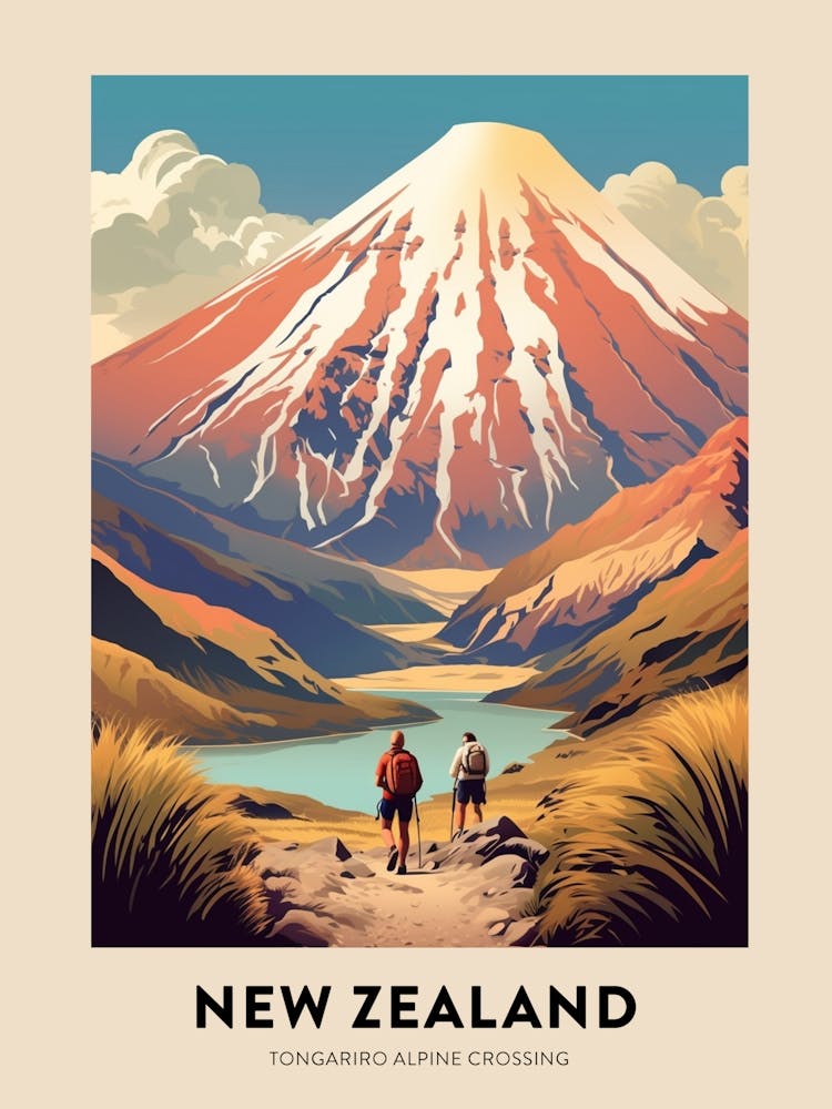 Tongariro Alpine Crossing New Zealand 3 Vintage Hiking Travel Poster