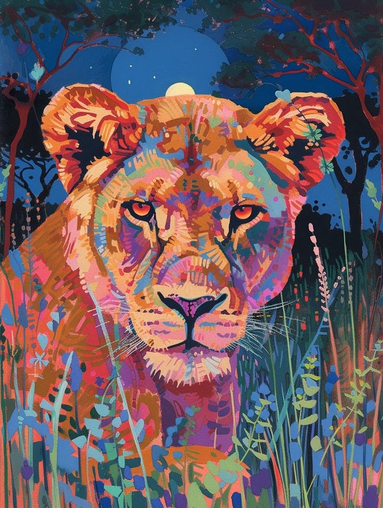 Southwest African Lion Night Hunt Fauvist Painting 3