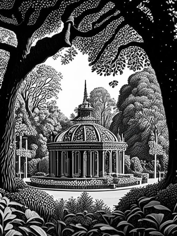 Volksgarten, Österreich Linolschnitt Schwarz-Weiß Vintage