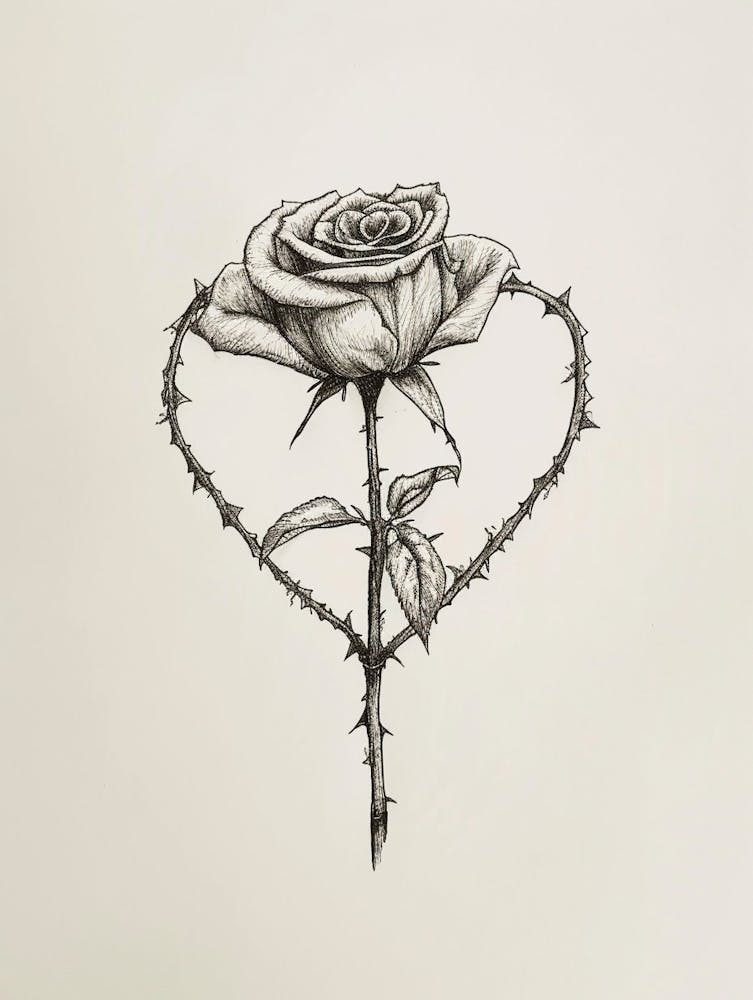 English Rose In A Heart Line Drawing 2