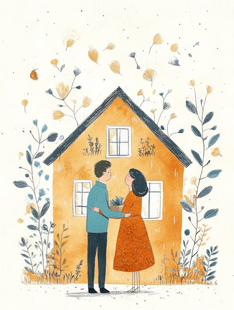 Couple et une Maison avec des Gens à l'Intérieur