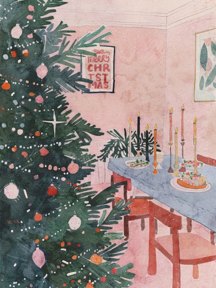 Christmas Dinner Table. Whimsical Gouache Interior