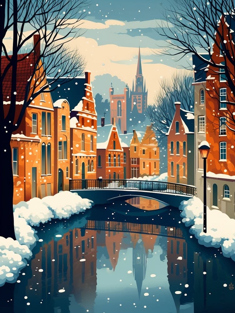 Winter Travel Night Illustration Bruges Belgium 1