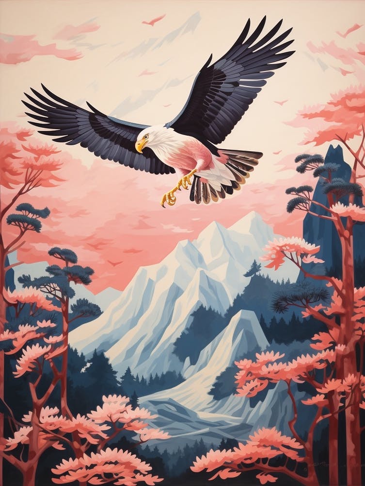 Vintage Japanese Inspired Bird Print Bald Eagle 1