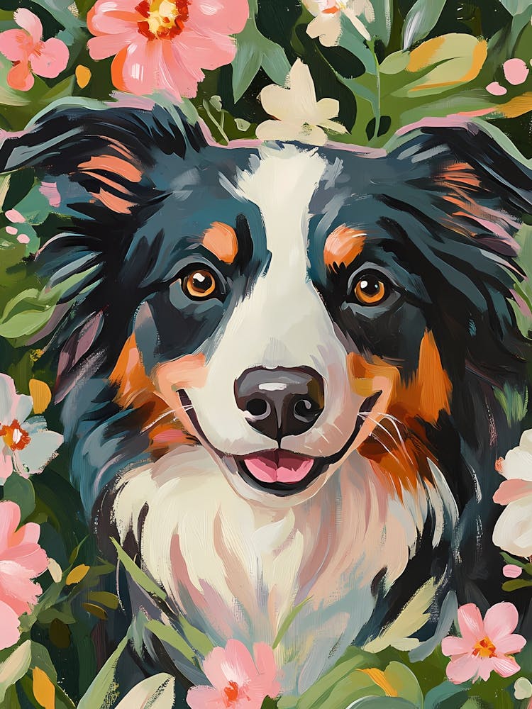 Border Collie Floral Painting