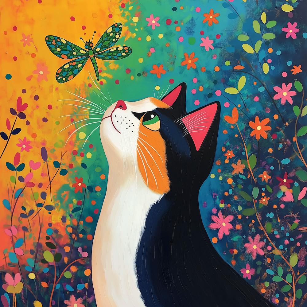 Calico Cat and Dragonfly
