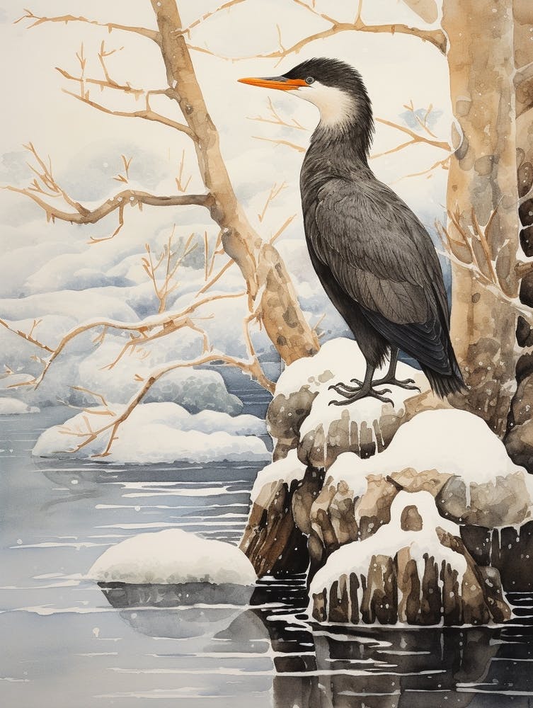 Peinture d'Oiseau Hivernal Cormorant 2