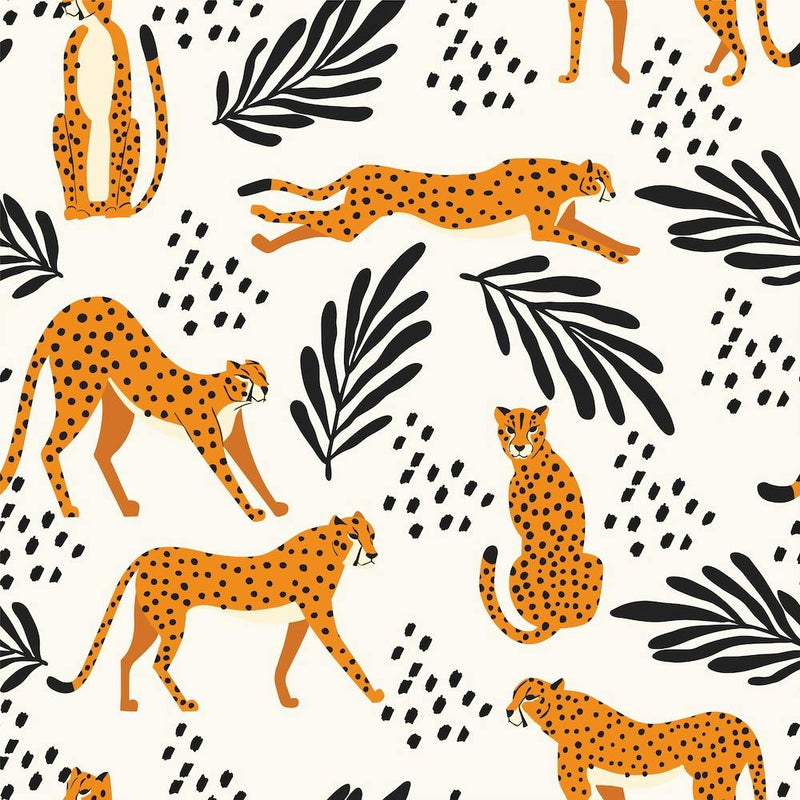 Tropical Cheetah Pattern On White With Black Florals And Decoration Square