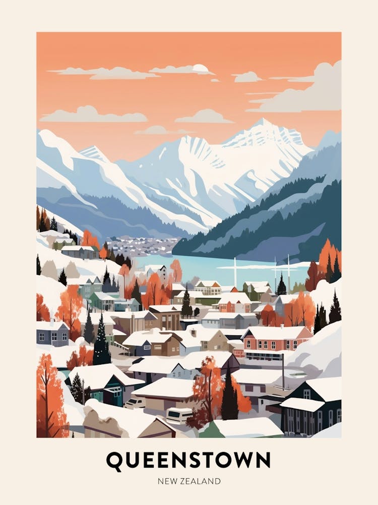 Vintage Winter Travel Poster Queenstown New Zealand 2