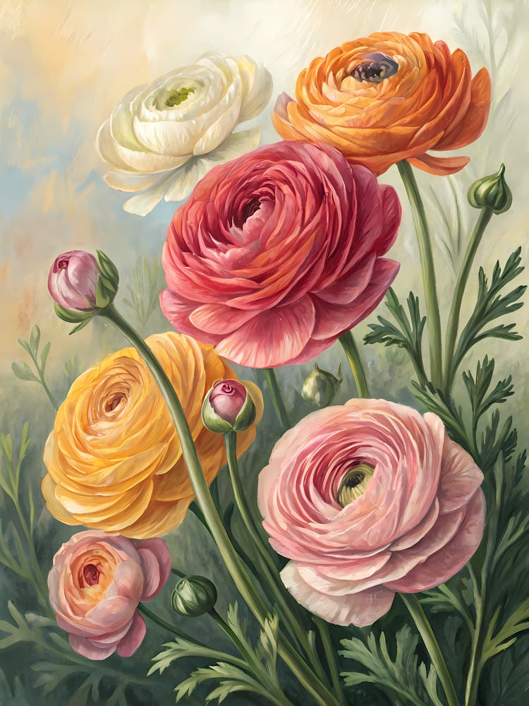 Oil Painting Style Stylized Ranunculus In Concentre