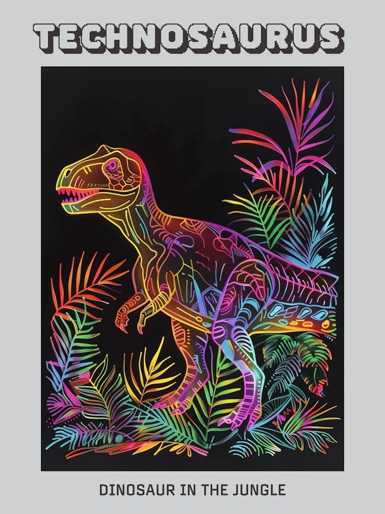 Neon Dinosaur In The Jungle 1 Poster