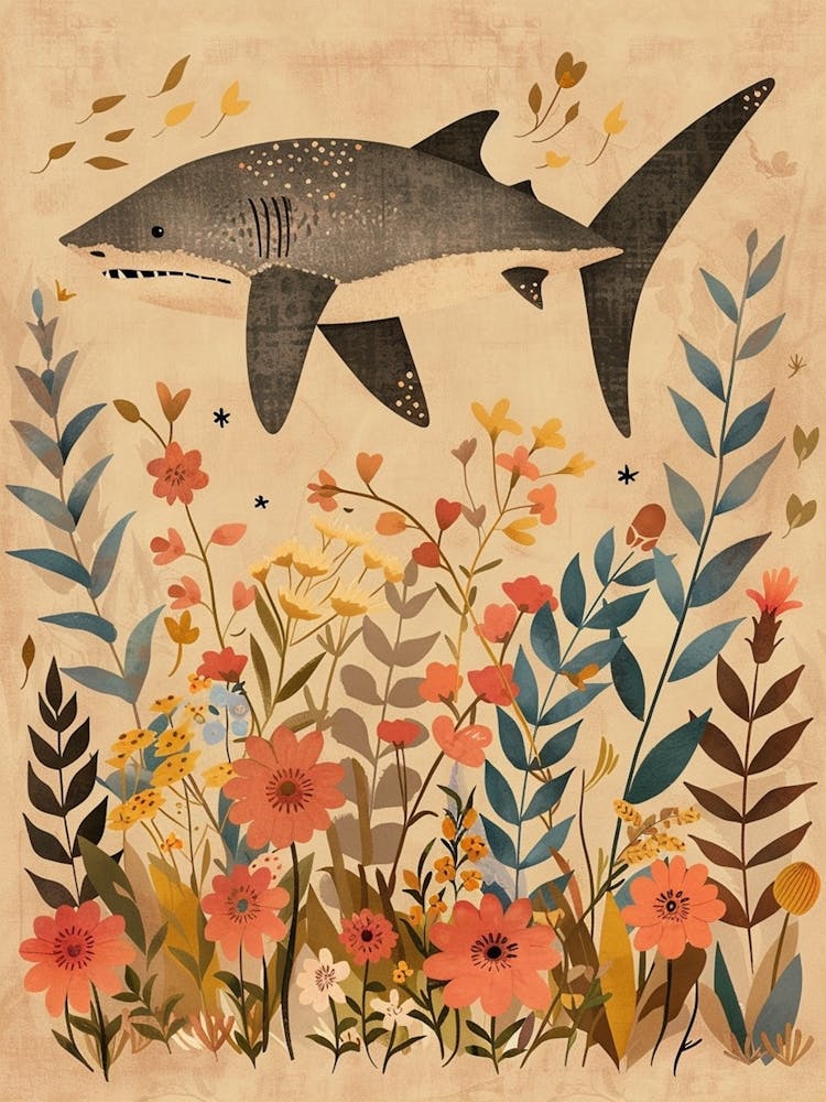 Muted Pastel Cute Shark With Flowers Illustration 2