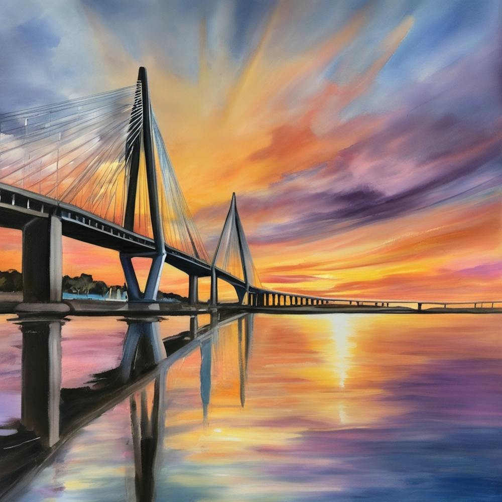 Sunset over the Arthur Ravenel Jr. Bridge in Charleston. Blue water and sunset reflections on the water. Oil colors.1