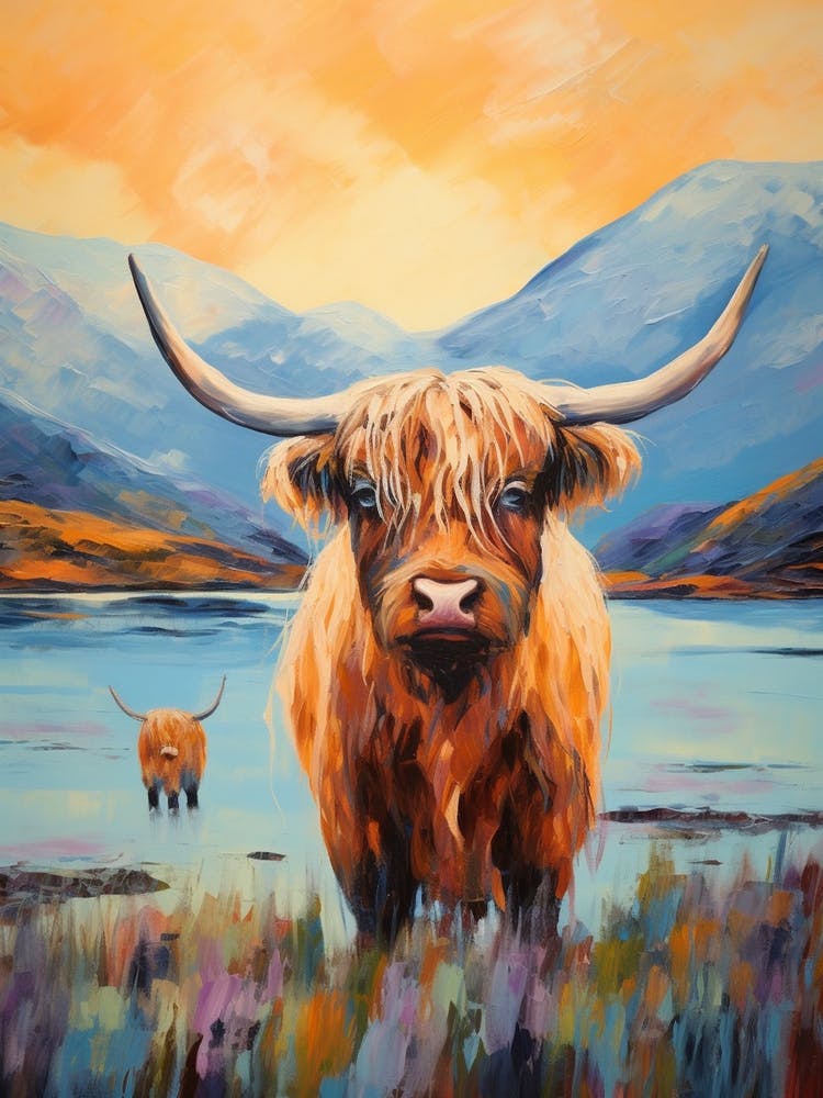Highland-Rinder im Loch – Impressionistischer Stil Gemälde 1
