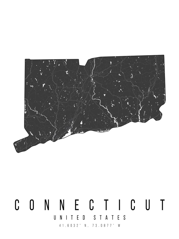 Connecticut Mono Black And White Modern Minimal Street Map