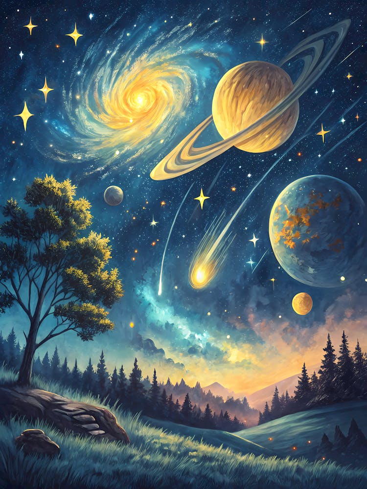 Cosmic Night Landscape oil Painting Vibrant Planetary Sky with Stars and Forest
