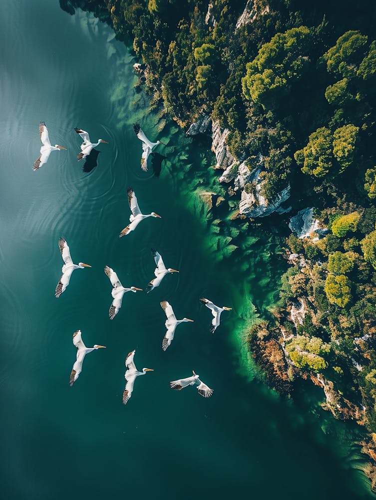 Pelikane fliegen über einem See