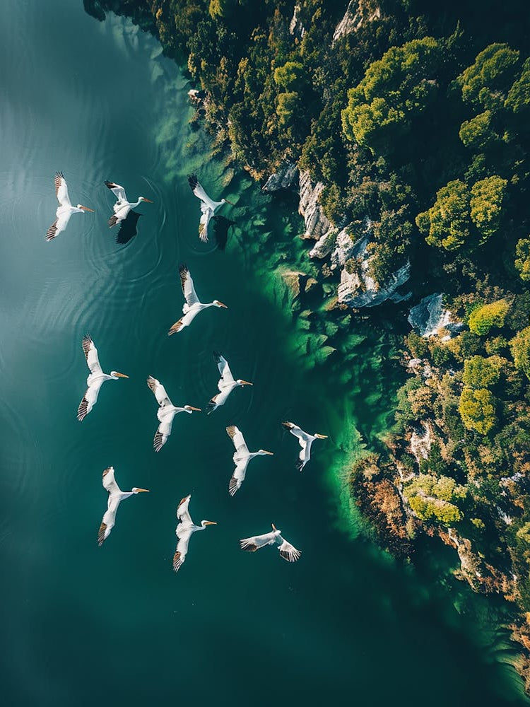 Pelicans Flying Over A Lake