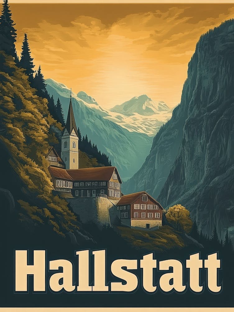 Aihrgdesign A Retro Travel Poster For Hallstatt Featuring The 8aed9791 1ef8 4dd0 8542 4782b904d5cf 2