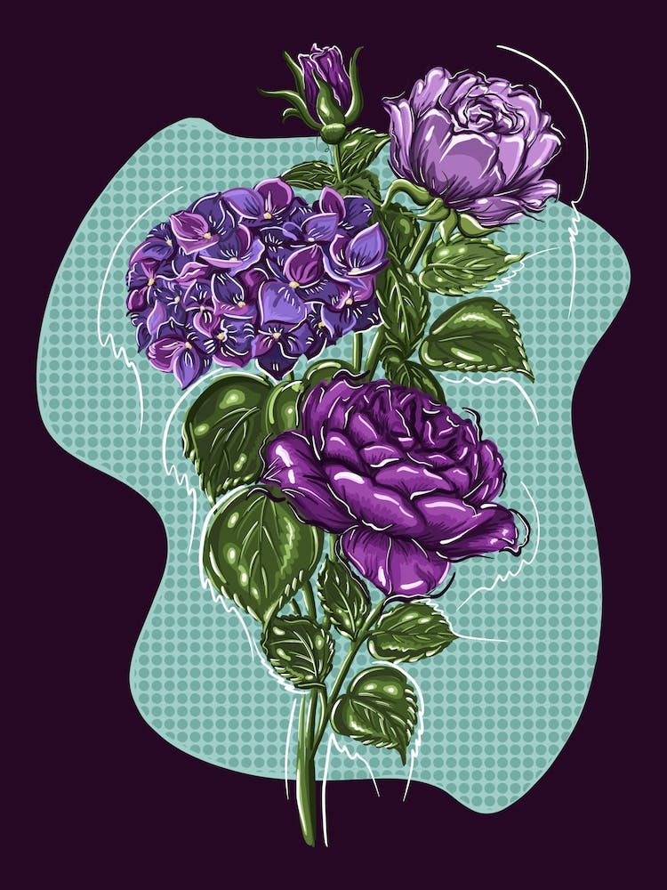 Violet Purple Vintage Aesthetic Botanical Floral Bouquet Digital Painting