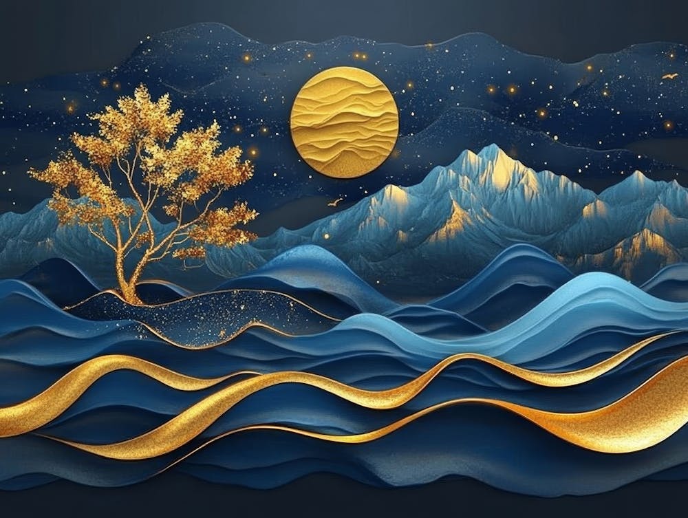 Golden Deer, Black Christmas Tree, Turquoise Mountains Moon with a Golden Sun.