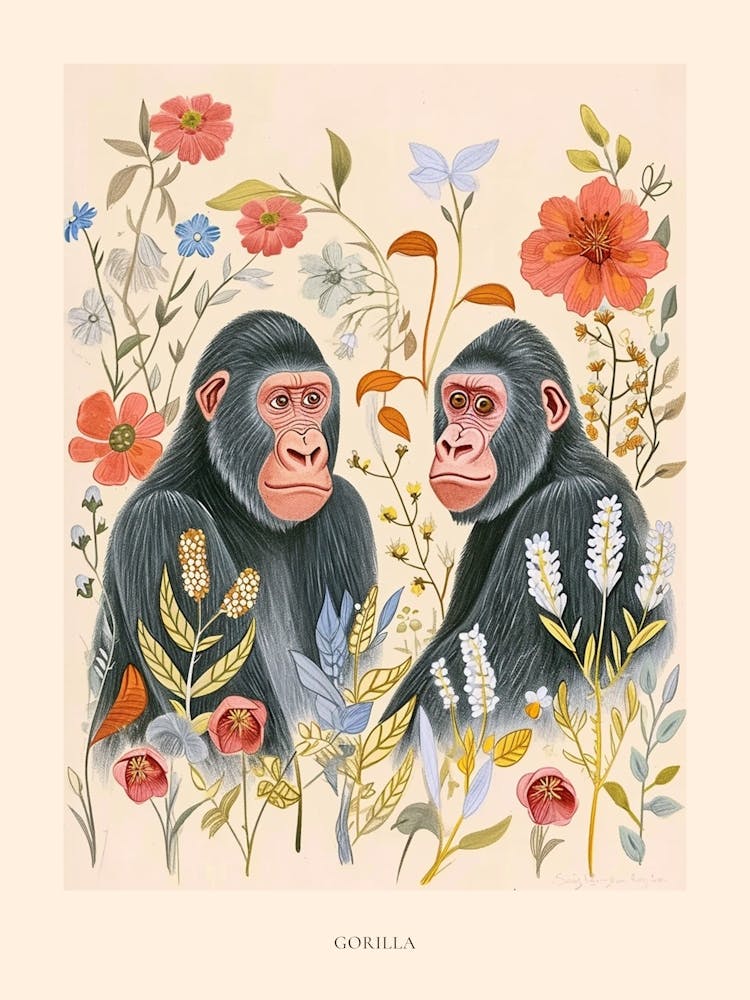 Folksy Floral Animal Drawing Gorilla 2 Poster