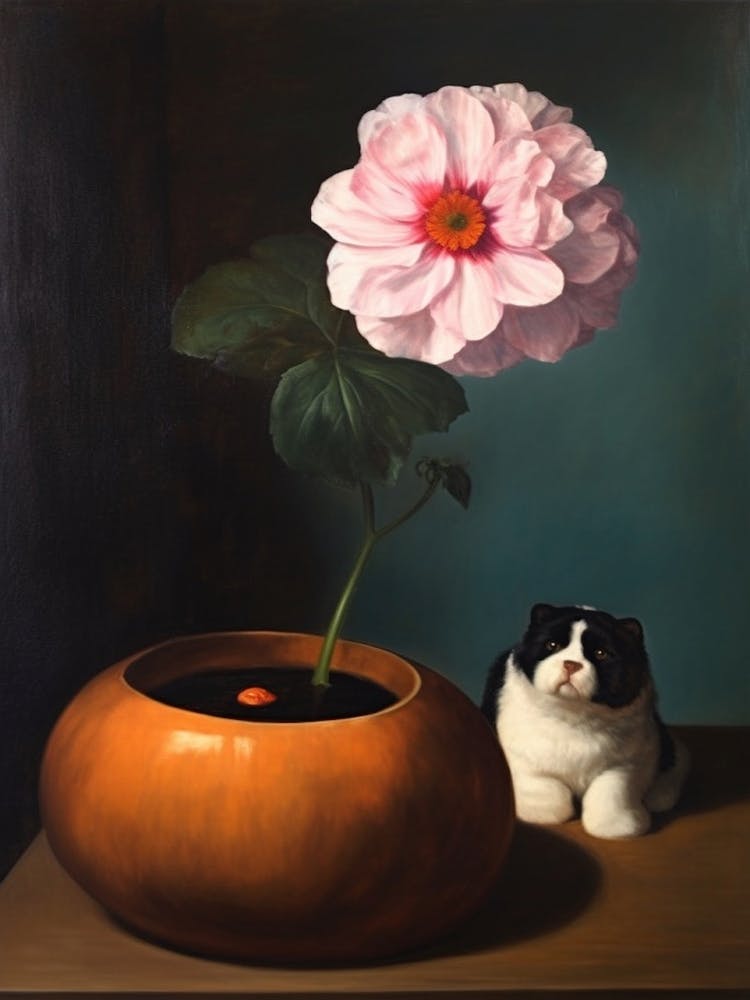 Ainting Of A Still Life Of A Anemone With A Cat, Realism 2