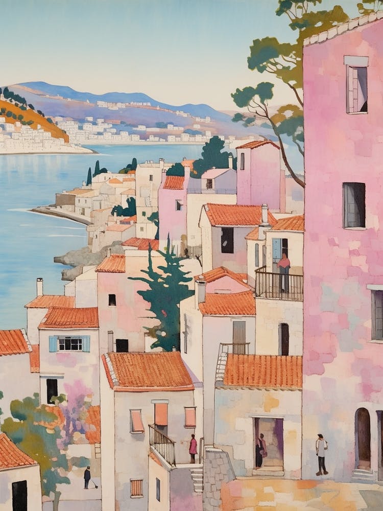 Hvar Croatia 2 Vintage Pink Travel Illustration